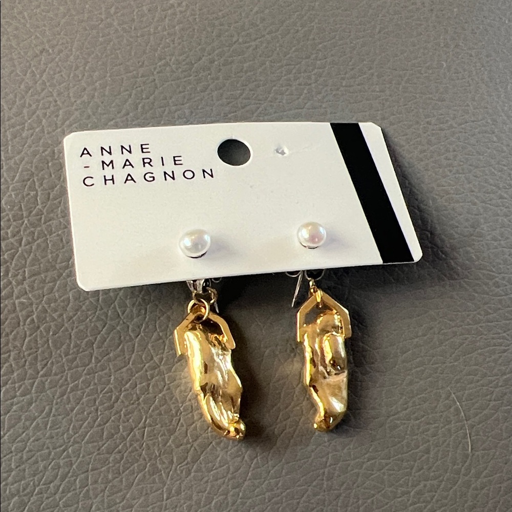 Anne-Marie Chagnon Nouan Drop Earrings Pearl and Gold Toned Pewter Handmade New